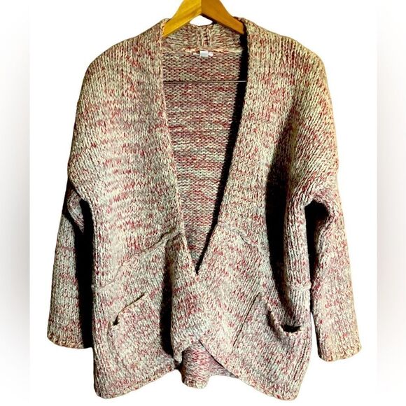 J Jill Pure Jill Large Chunky Knit Open Front Cardigan With Pockets. Gray Red - Picture 1 of 5